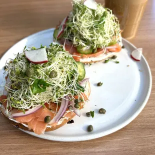Open-faced smoked salmon everything bagel.
