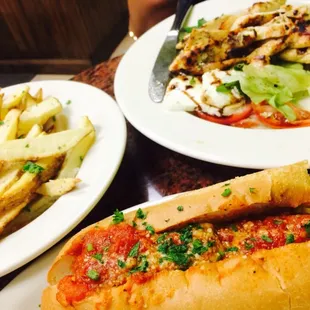 Meatball parm sub, capese salad, and hand cut fried fries! So great!