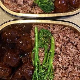BBQ meatballs , wild rice and broccolini