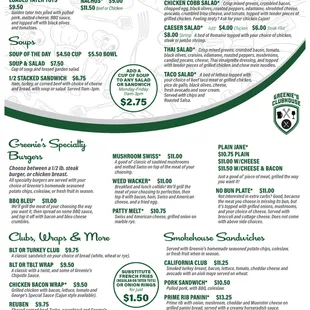 Try one of our substantial salads, specialty burgers, club sandwiches or wraps, or a smokehouse sandwich. Add a cup of soup for only $2.75!