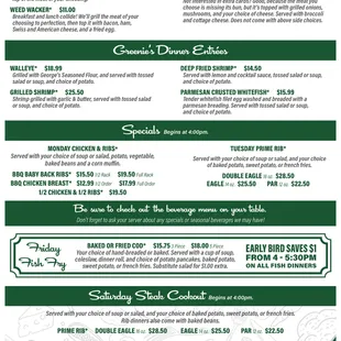 Enjoy traditional dinner fare, and don&apos;t miss our Friday Fish Fry! Try our weekday and weekend specials, they begin at 4pm.