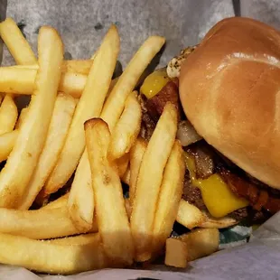 Burger with egg and fries