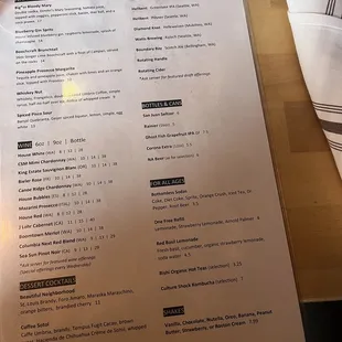 Drinks menu