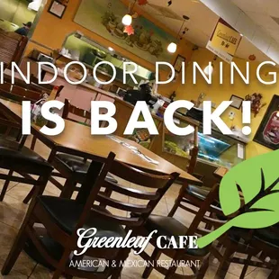 Indoor Dining is Back at the Greenleaf Cafe! Now Open Mon - Sat 8:00am-8:30pm | Starting April 12th Sun 8:00am-4:00pm