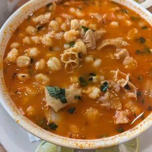 So much hominy it towers to the top. These are probably the 3 largest pieces of tripe too...