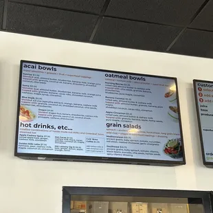 Açaí bowls, hot drinks, grain salads and oatmeal bowl menu