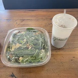 Caesar salad w/ spinach, edamame, apples, cheese, and the best homemade croutons! Always my favorite lunch!