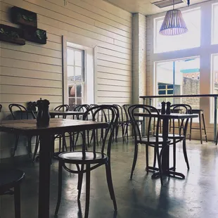 tables and chairs in a restaurant