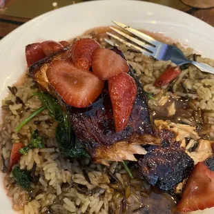 Caramelized Salmon with strawberry butter, wild rice and spinach.