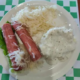 Polish Sausage with Sauerkraut and Mashed Potatoes and Gravy