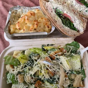 Half Kale Caesar Salad, Chicken Salad Sandwich, Macaroni and Cheese.