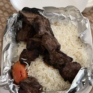 Beef Kabobs, Rice, Pita Bread