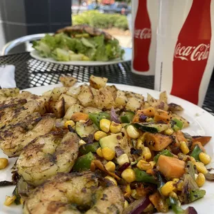 Tiger Shrimp plate with roasted potatoes and grilled vegetables