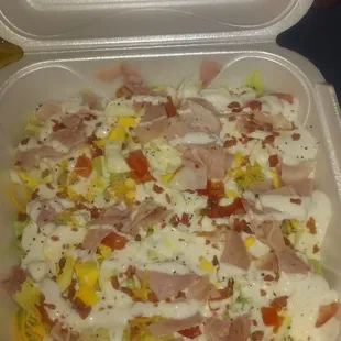 Turkey Salad with eggs,cheese,bacon bits, ranch dressing,tomatoes,onions, and its just $7.49 tax included. All salads chicken etc