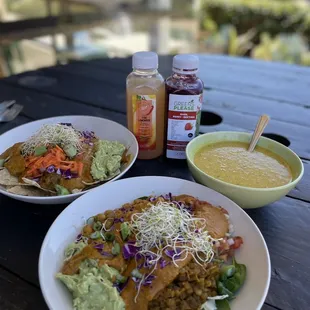 Loaded Nachos with avocado, Southwestern Chickpea Bowl, Butternut Squash Bisque