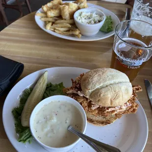 Fish and Chips, Korean Chicken sandwich and a cup of New England Clam Chowder