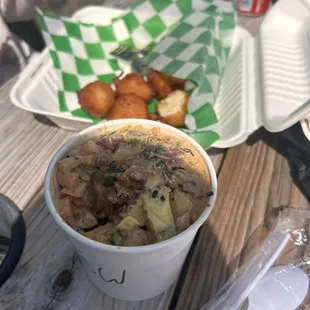 Spicy poke bowl and hush puppies