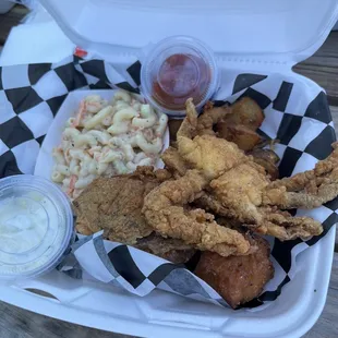 Softshell Crab Basket comes with Hushpuppies and 2 Sides- Macaroni Salad and Spiced Fried Potatoes