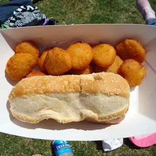 Fried mac &amp; cheese, and a sandwich