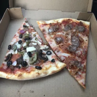 Supreme and Pepperoni/Italian sausage slices to go.