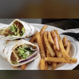 a plate of fries and a burrito