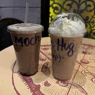 Iced Mocha and Iced Cinnamon Hug (cinnamon, white chocolate, with espresso)