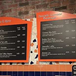 Hot teas and specialty espresso drinks menu