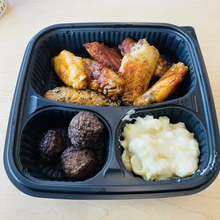 Meatless Meatballs, Assortment wings and Mac &amp; Cheese