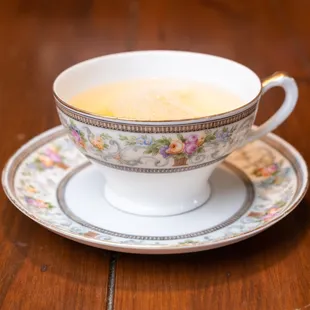a cup of tea on a saucer
