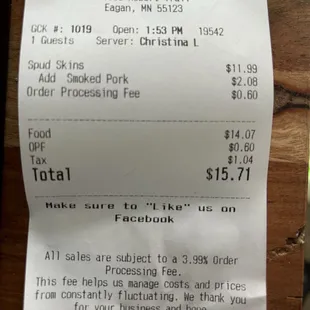 Receipt showing BS 4% order processing fee that they don't disclose and also shows the higher price than their online menu.
