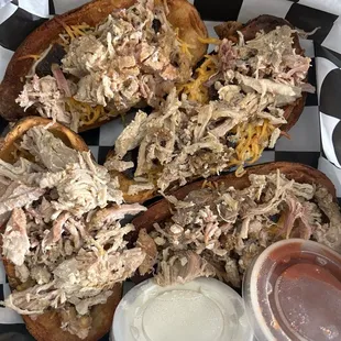 Spud skins with pulled pork.