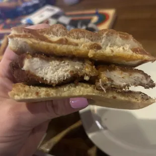 Crispy Buffalo chicken sandwich no cheese, lettuce or tomato with a side of their signature blue cheese dressing