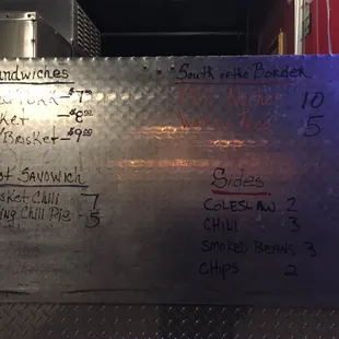 a menu on the side of a truck