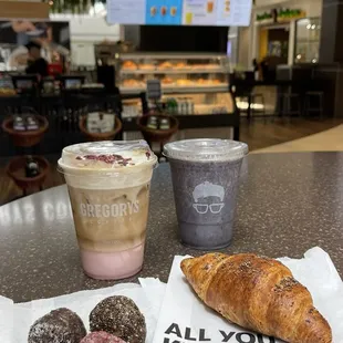 Bites (berry bliss, coconut almond, crunchy power) / Vegan chia seed croissant / Iced Cherry blossom latte / Purple rain smoothie