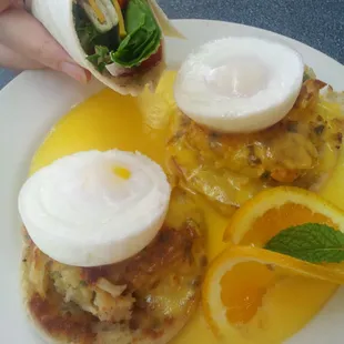 Crabcake eggs benedict and a veggie wrap