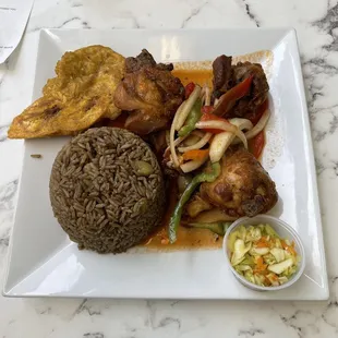 Stewed Chicken, Djon Djon, Fried Plantain, Pikliz