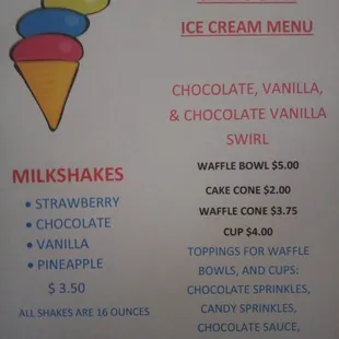 Ice cream menu!