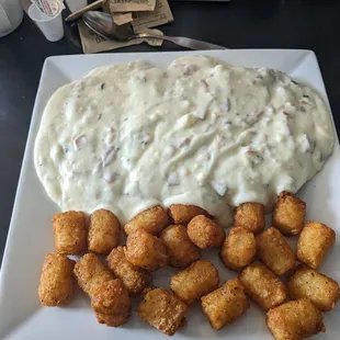 Creamed chipped beef (you have the option to get smothered tater tots)