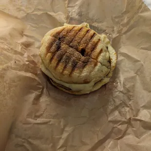 English muffin with egg, Swiss, and veggie sausage