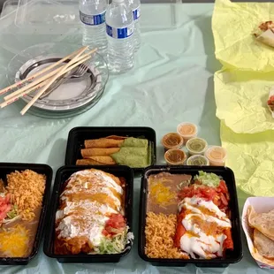 Hard Taco plate, Enchilada Plate, Tacquito Plate, Wet Burrito, Mini chicken and cheese burrito, chorizo taco, Al Pastor Taco, Shrimp Taco.