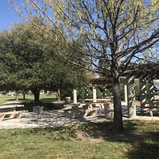 Shaded table areas with bbq pits, trash cans and water fountains