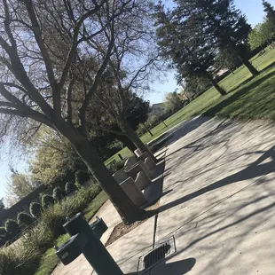 Water fountain and benches by soccer flat