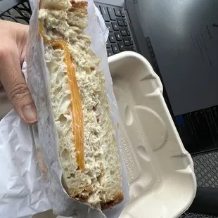 a person holding a sandwich in a styrofoam container