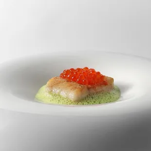 Olive oil poached Kinmedai, smoked trout roe, watercress foam.