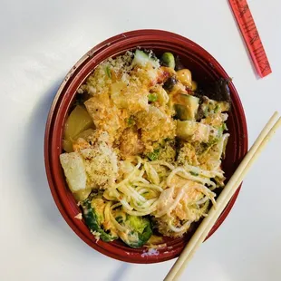 Regular Rice Bowl w/ Spicy Salmon and Bulgogi Beef ($10)
