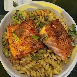 Guava-glazed salmon with creamy roting pasta