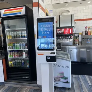 Lots of beverages &amp; Macarons! There&apos;s one kiosk to order your food too.