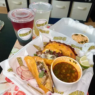 Quesataco Dorado ($4.50 each), mini quesadilla ($5), consomé broth ($4), hibiscus oceanade lemonade ($7), and mango limeade ($6.50)