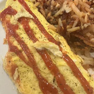 Eggs omelets and hash well done