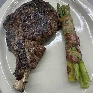 16oz Bone In Ribeye w/ Bacon Wrapped Asparagus
